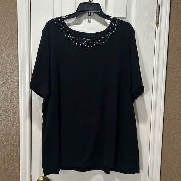 Liz & Me Tops - Liz & Me Black Embellished Scoop Neck Short Sleeve Top